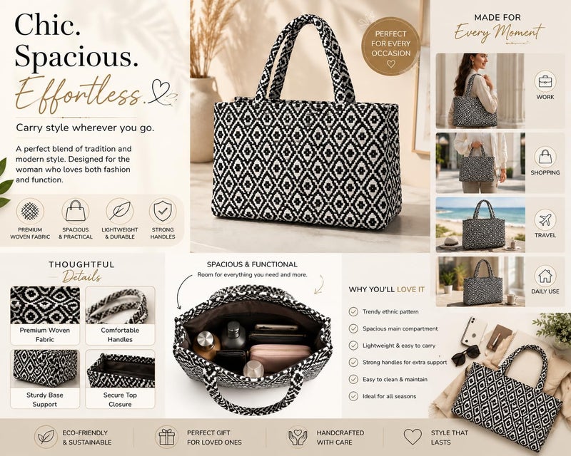 Global Impex Stylish Buoy Tote Bag for Girls & Women | Sturdy Cotton Blend Jacquard | Double Shoulder Ladies Handbag Purse For Daily & Office,Travel Use | Zip Pocket | Handcrafted (Black) - Image 3