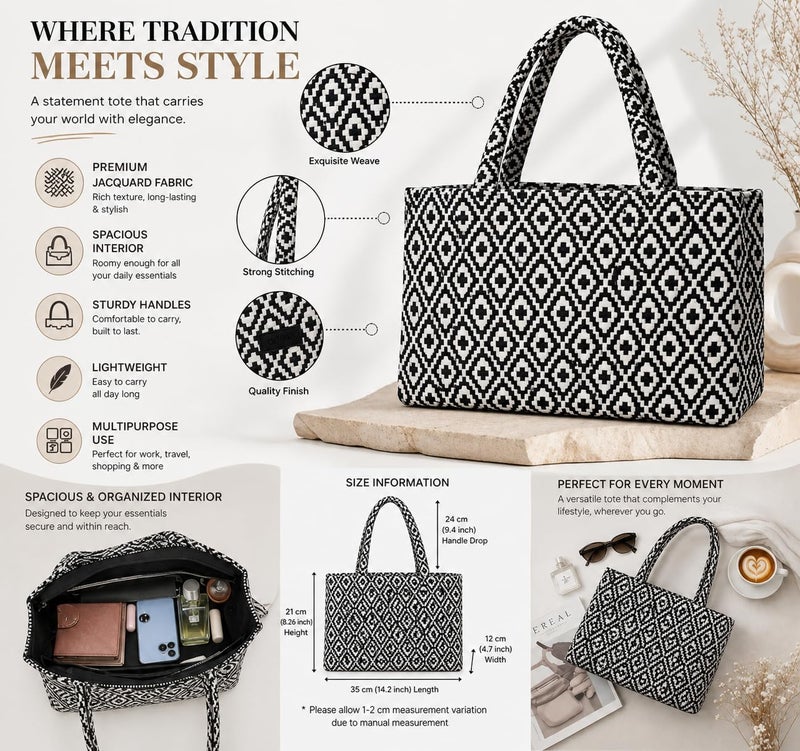 Global Impex Stylish Buoy Tote Bag for Girls & Women | Sturdy Cotton Blend Jacquard | Double Shoulder Ladies Handbag Purse For Daily & Office,Travel Use | Zip Pocket | Handcrafted (Black) - Image 5