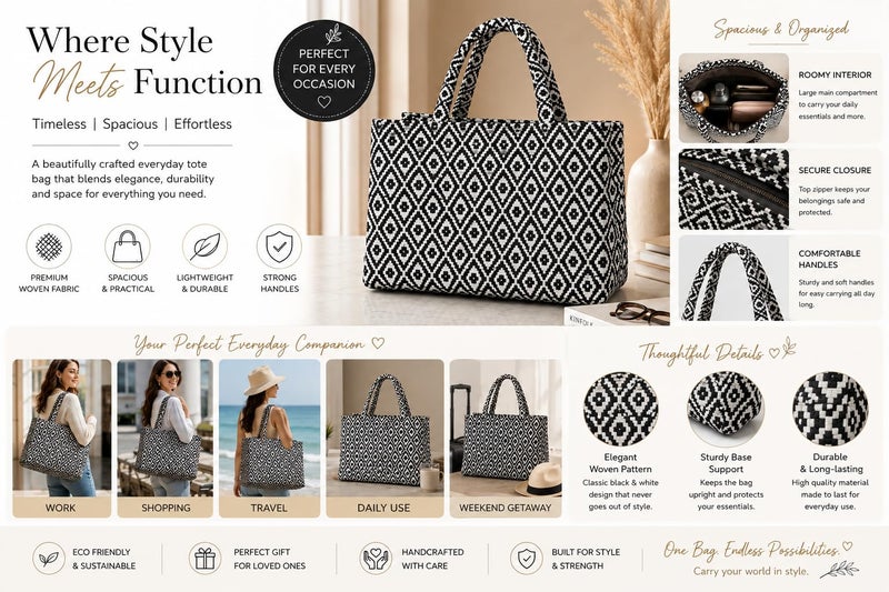 Global Impex Stylish Buoy Tote Bag for Girls & Women | Sturdy Cotton Blend Jacquard | Double Shoulder Ladies Handbag Purse For Daily & Office,Travel Use | Zip Pocket | Handcrafted (Black) - Image 2