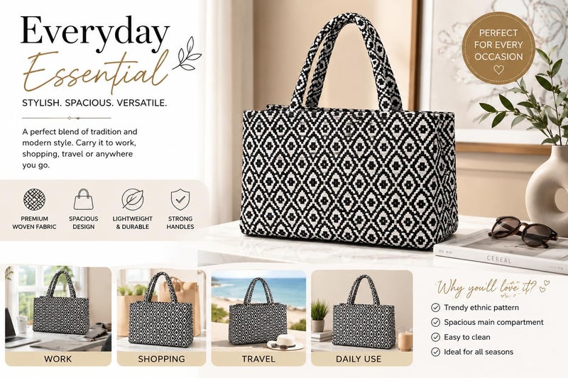 Global Impex Stylish Buoy Tote Bag for Girls & Women | Sturdy Cotton Blend Jacquard | Double Shoulder Ladies Handbag Purse For Daily & Office,Travel Use | Zip Pocket | Handcrafted (Black) - Image 4