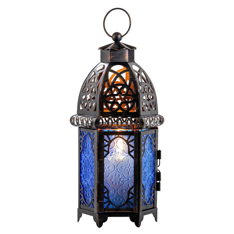 DECORKEY Vintage Candle Lantern, Moroccan Style Decorative Hanging Lantern, Metal Tabletop Lantern, Christmas Candle Holders for Outdoor Patio (Blue) - Image 1