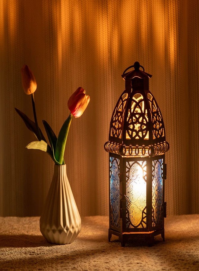 DECORKEY Vintage Candle Lantern, Moroccan Style Decorative Hanging Lantern, Metal Tabletop Lantern, Christmas Candle Holders for Outdoor Patio (Blue) - Image 5
