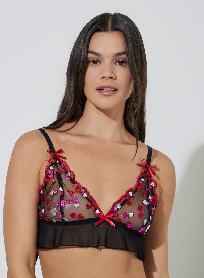 Styli Black Heart Embroidered Sheer Bralette And Shorts Set - Image 2