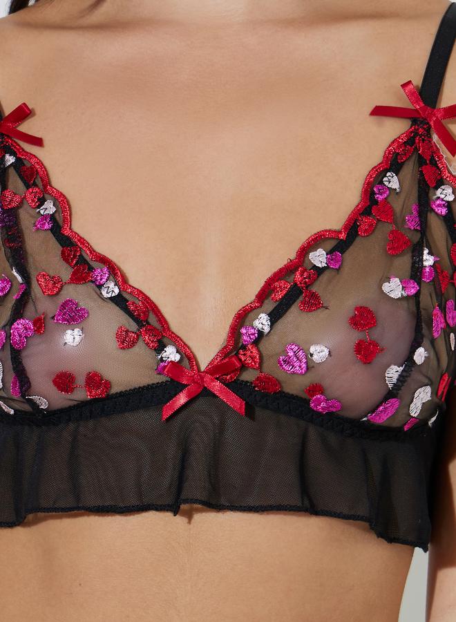 Styli Black Heart Embroidered Sheer Bralette And Shorts Set - Image 3