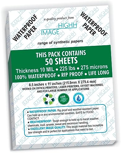 HIGHH IMAGE WATERPROOF PAPER | 50 SHEETS, Thickness10 MIL, 225 LB, 275 Microns Non-Tear Synthetic Paper, 8.5X11 Laser Printer paper, from HIGHH IMAGE - Image 1