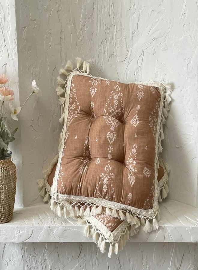 Huierxun Floral Printed Chair Pads with Tassels Boho Cotton Linen Square Chair Cushions 17x17x3 Inch Vintage Farmhouse Seat Cushion for Living Room Kitchen and Officewooden Chair (Coffee,17"x17") - Image 1