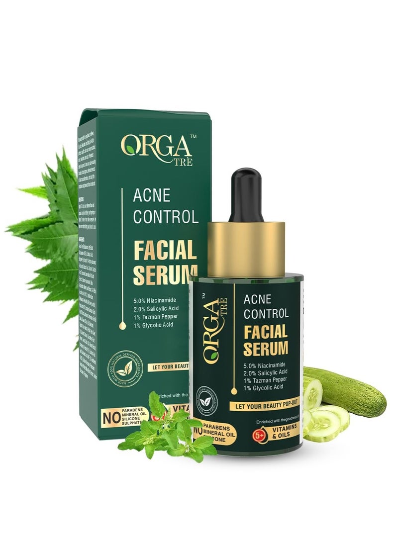 Healthstar Orgatre Acne Control Facial Serum Anti Acne Serum for Oily Skin Powerful Solution with Neem Tea Tree Oil and VITAMILS for Clear, Radiant Skin 30ML  - Image 1