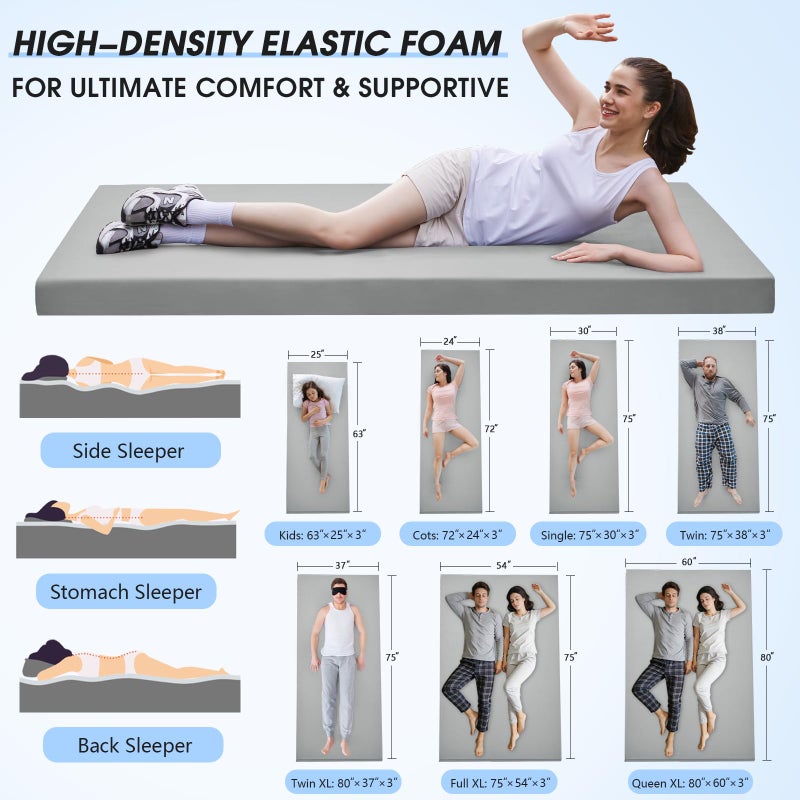 CYMULA Memory Foam Camping Mattress Pad,3 in Sleeping Pad for Camping,Non-Slip Bottom Floor Cot Mattress Bed with Portable Roll up Mattress Pad Mat for Travel Truck Guest Bed Tent (Kids 63 * 25) - Image 2