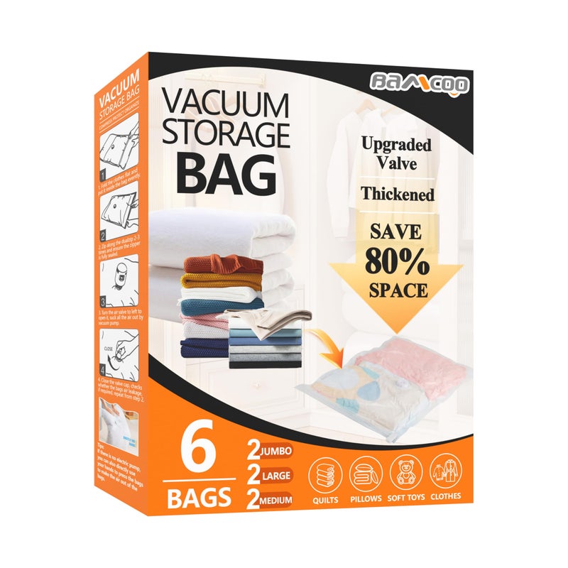 BAMCOO Space Saver Vacuum Storage Bags Upgraded 6 Pack(2 Jumbo 2 Large 2 Medium) Vaccine Sealed Storage Bags Vacuum Seal Compression Bag for Packing Blankets Comforters - Image 1
