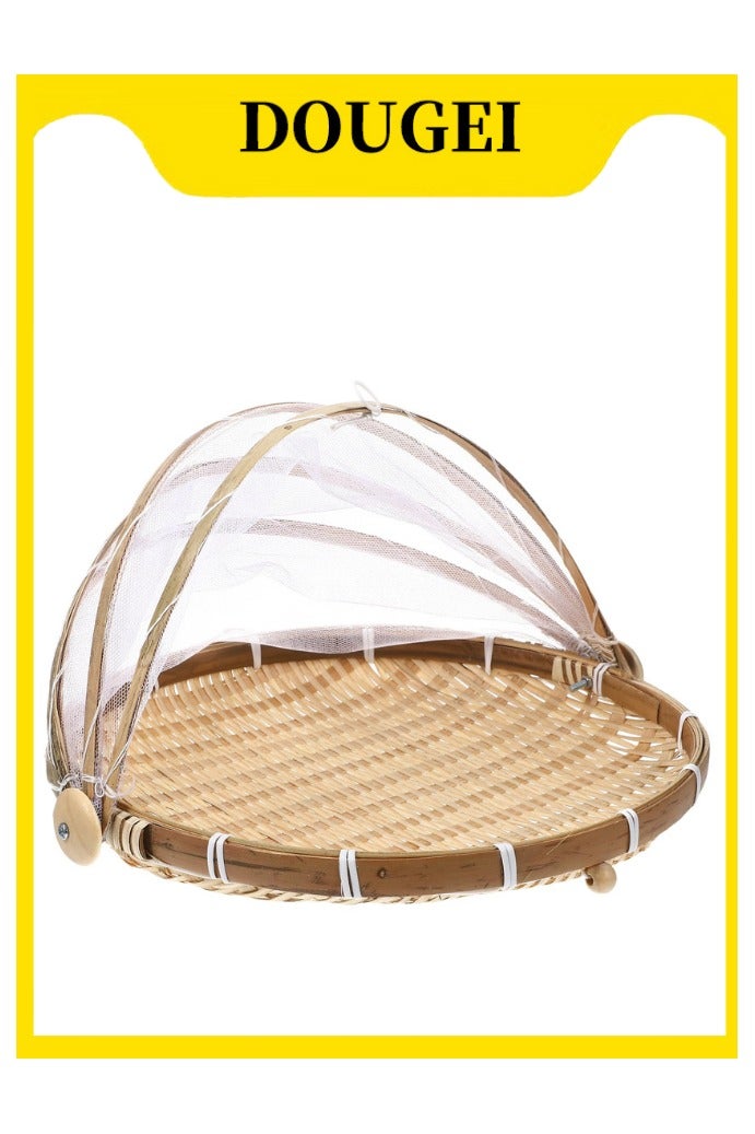 دوغي سلة فواكه من الخيزران مع غطاء ، خيمة تقديم الطعام مع أغطية شاش شبكية ، سلة نزهة مستديرة حاوية تخزين خبز الفواكه النباتية في الهواء الطلق في الأماكن المغلقة - Image 1