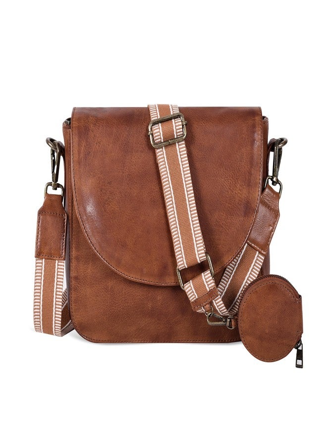 Ozora Genuine Leather Shoulder Crossbody Purse For Women with Adjustable Strap, Mobile Pocket & Outside & Inside Zipper (Tan web coin) - Image 1