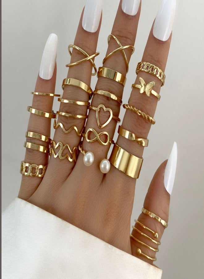 FUTIMELY Gold Kunckle Rings Set for Women gifts,Boho Stackable Rings Pack pearl Butterfly Statement Vintage Rings Set Birthday Gifts Jewelry (A:22pc) - Image 3
