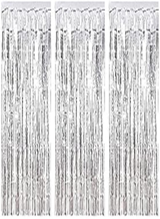OR 3 Pack Metallic Tinsel Curtains, Foil Fringe Shimmer Curtain Door Window Decoration for Birthday Wedding Party (Silver) 
