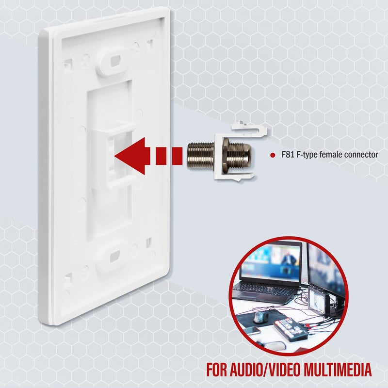 ENERLITES Port Screwless Keystone Wall Plate with Nickel F-Type Coupler Bulkhead Audio/Video Connector, Female, Standard Size 1-Gang 4.69" x 2.93", SI8871FNK-W, White - Image 3