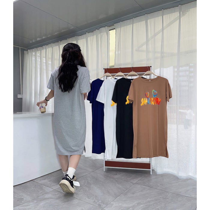 Letter Printing Loose Slim-fit Simple Dress Womens Summer Large Size Chubby Girls New Casual Over-the-knee T-shirt Long Dress light brown - Image 1