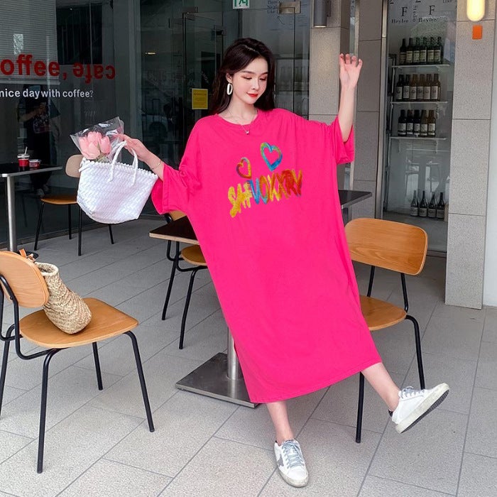 Letter Printing Loose Slim-fit Simple Dress Womens Summer Large Size Chubby Girls New Casual Over-the-knee T-shirt Long Dress light brown - Image 3