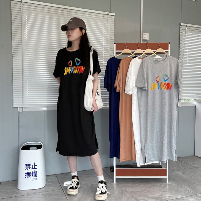 Letter Printing Loose Slim-fit Simple Dress Womens Summer Large Size Chubby Girls New Casual Over-the-knee T-shirt Long Dress light brown - Image 4