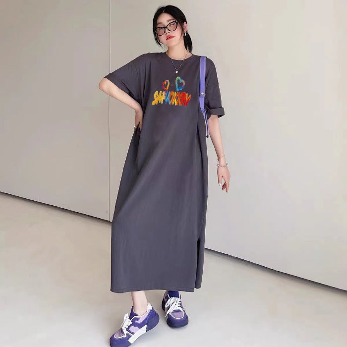 Letter Printing Loose Slim-fit Simple Dress Womens Summer Large Size Chubby Girls New Casual Over-the-knee T-shirt Long Dress light brown - Image 2