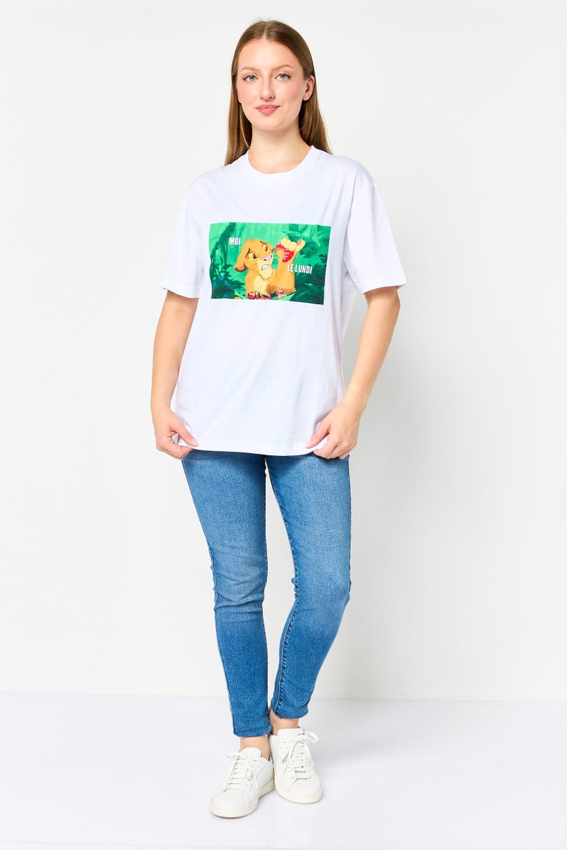 Undiz x Disney Women Crew Neck Short Sleeve Graphic Print T-Shirt, White - Image 2