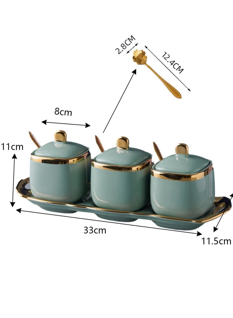 Light Luxury Golden Frame Ceramic Spice Jar Kitchen Supplies Spice Jar set Household Spice Box Three-piece Set(Avocado Green)  - Image 2