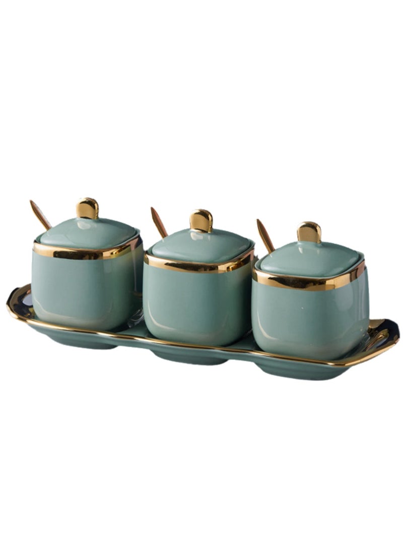 Light Luxury Golden Frame Ceramic Spice Jar Kitchen Supplies Spice Jar set Household Spice Box Three-piece Set(Avocado Green)  - Image 1