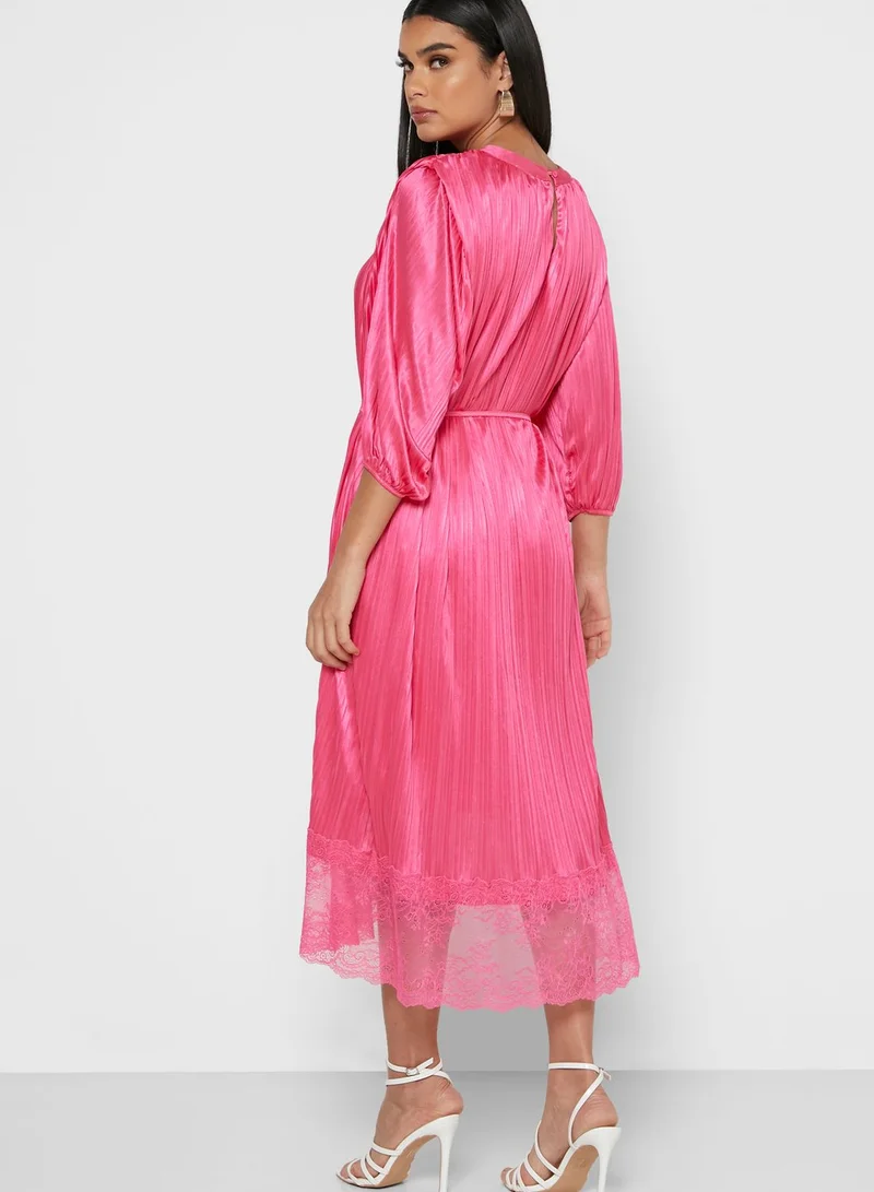 ELLA Pleated Self Tie Lace Hem Midi Dress