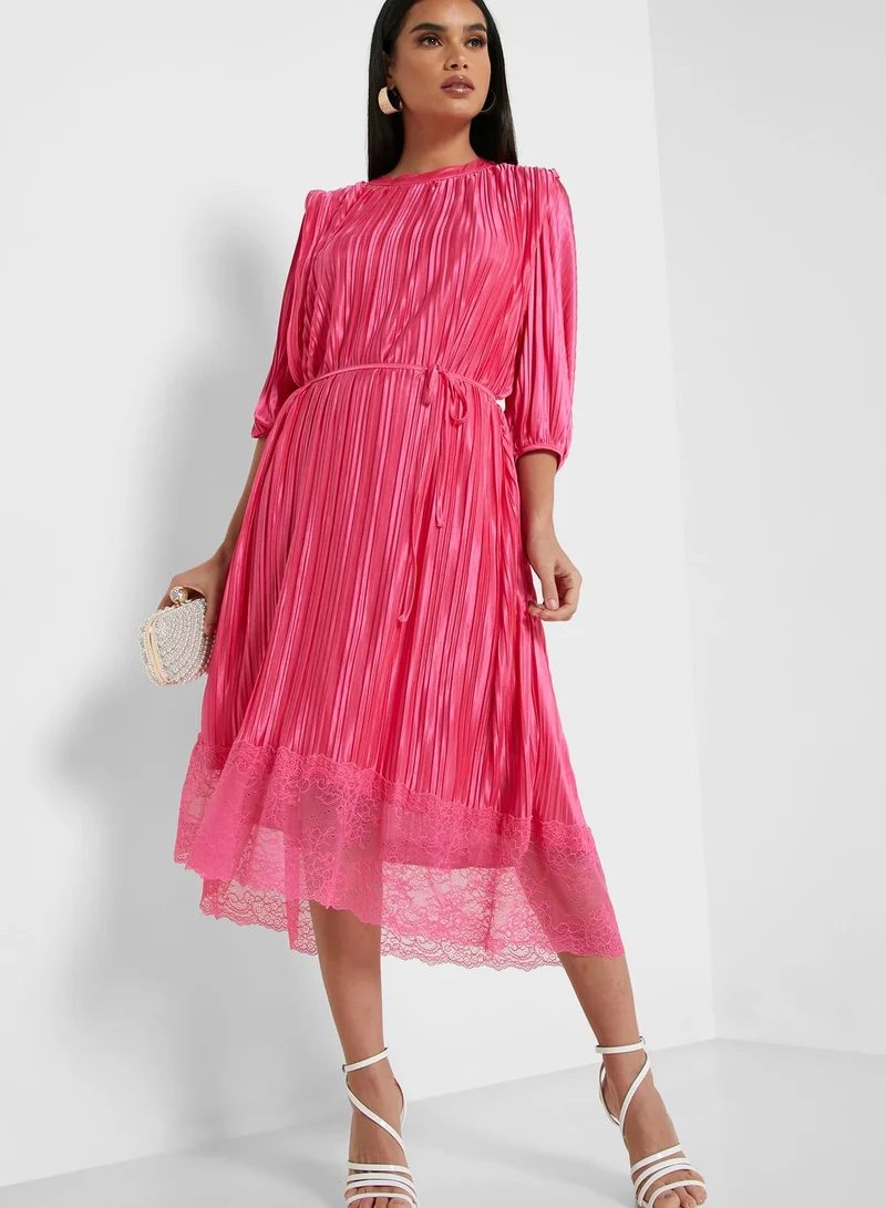 ELLA Pleated Self Tie Lace Hem Midi Dress