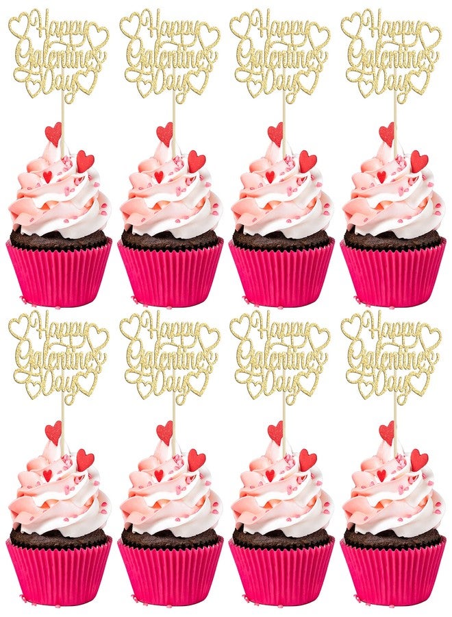 Ephlyn 24Pcs Happy Galentine's Day Cupcake Toppers Gold Glitter Sweet Love Valentine Cupcake Picks for Valentine's Day Theme Birthday Party Cake Decorations Supplies - Image 1