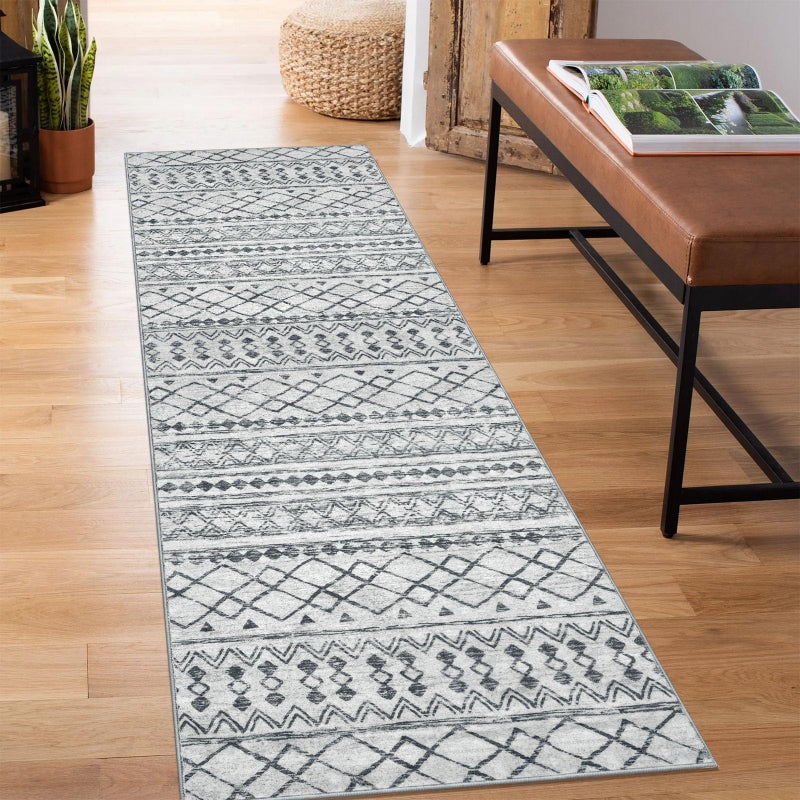 KUTA Boho Kitchen Rugs 2x5 ft Grey Moroccan Washable Runner Rug NonSlip Vintage Hallway Runners Ultra Soft Distressed Geometric Floor Carpet for Bedroom Laundry Living Room