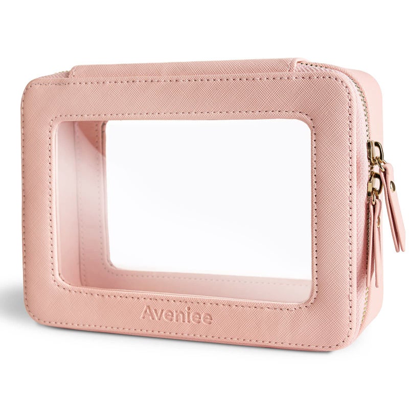 Aveniee Clear Makeup Bag Organizer, Portable Travel Toiletry Cosmetic Bag Case for Women, Heavy Duty Make Up Pouch with Transparent Vinyl Windows & Gold Zippers(Pink) - Image 1