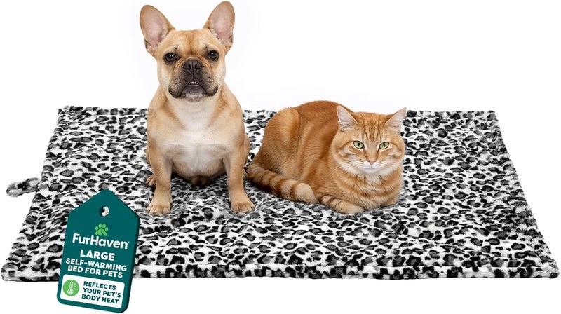 Furhaven ThermaNAP Self-Warming Cat Bed for Indoor Cats & Large/Medium Dogs, Washable & Reflects Body Heat - Quilted Faux Fur Reflective Bed Mat - Snow Leopard, Large - Image 1