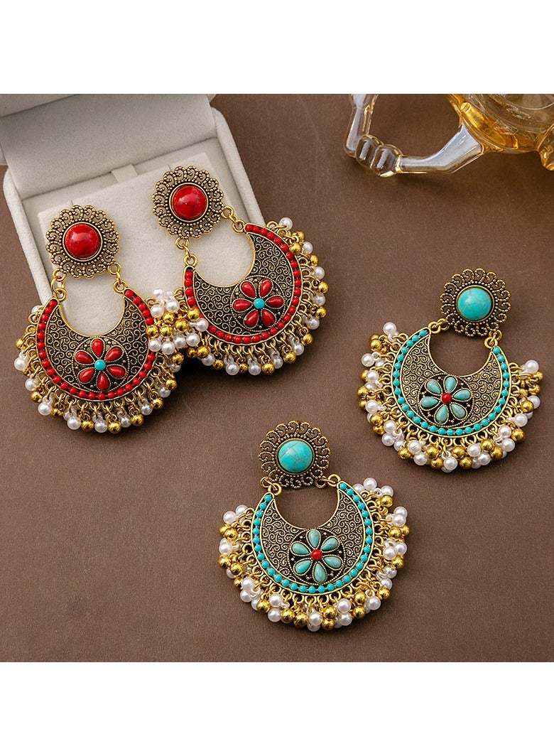 2 Pairs Vintage ethnic bohemian flower earrings Studs with Beads Tassel Dangle Earrings Floral Hollow Bohemian Statement Ethnic Style Earrings for Women Girls(Red and Green)  - Image 1