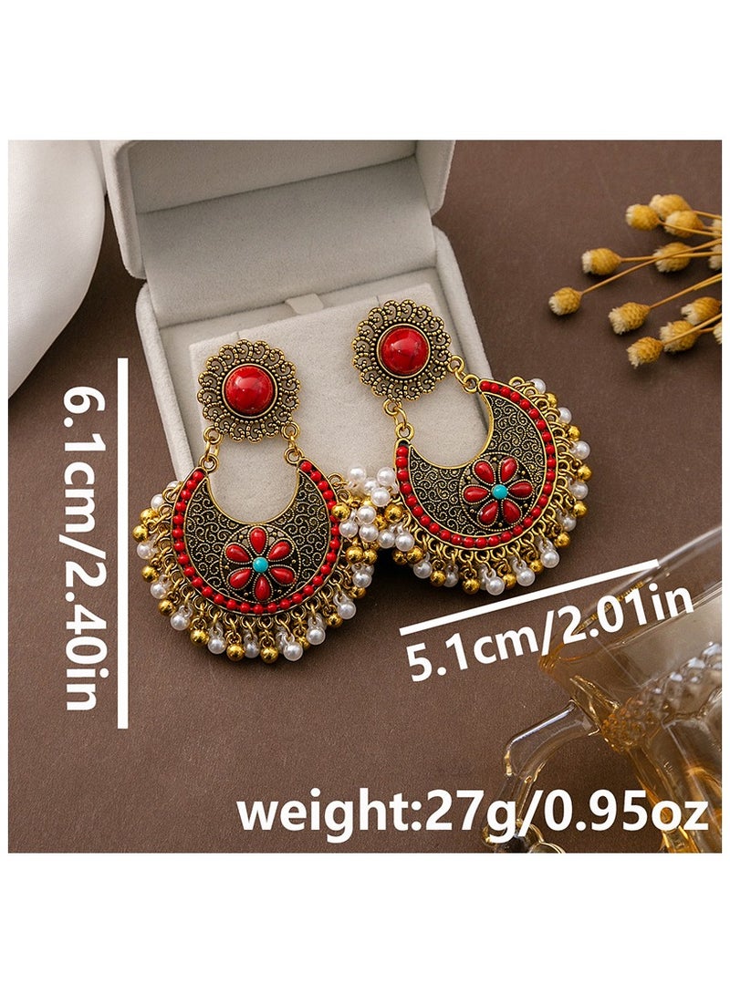 2 Pairs Vintage ethnic bohemian flower earrings Studs with Beads Tassel Dangle Earrings Floral Hollow Bohemian Statement Ethnic Style Earrings for Women Girls(Red and Green)  - Image 2