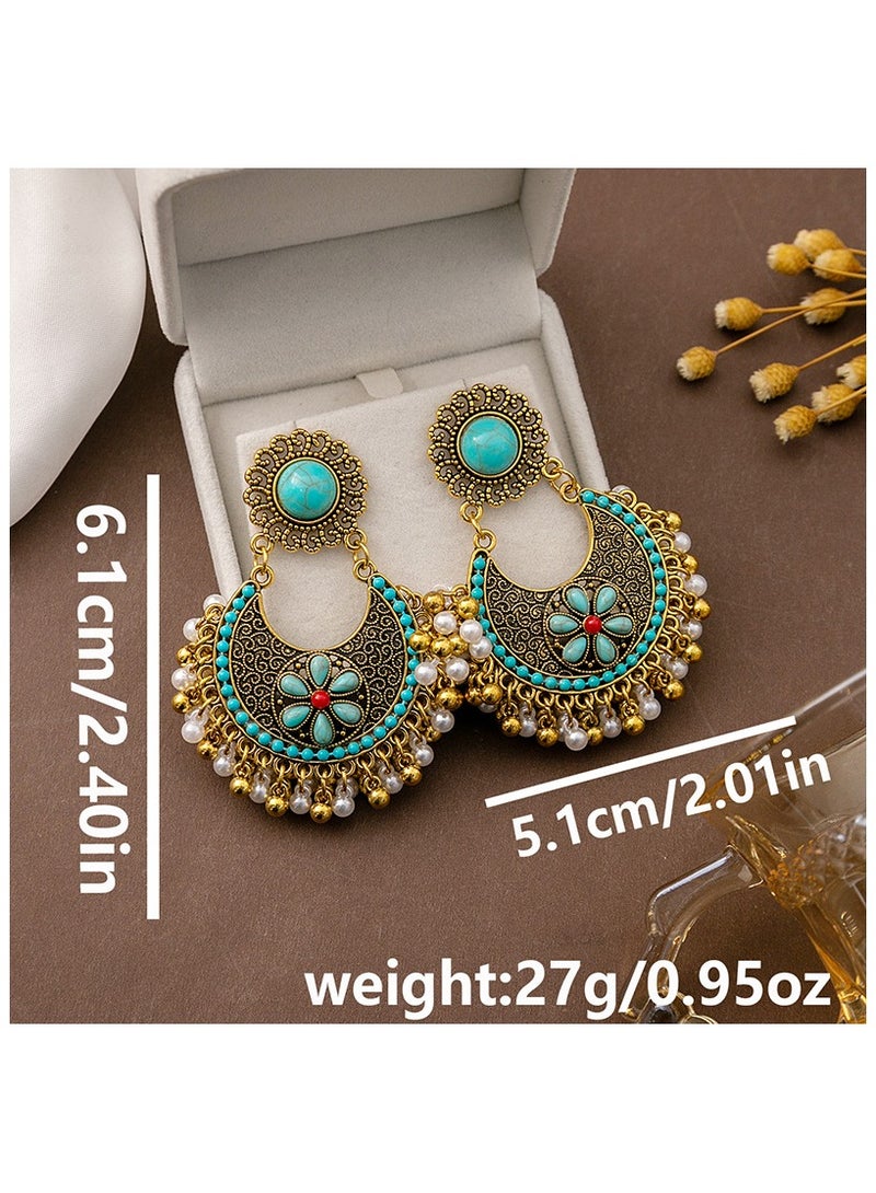 2 Pairs Vintage ethnic bohemian flower earrings Studs with Beads Tassel Dangle Earrings Floral Hollow Bohemian Statement Ethnic Style Earrings for Women Girls(Red and Green)  - Image 3