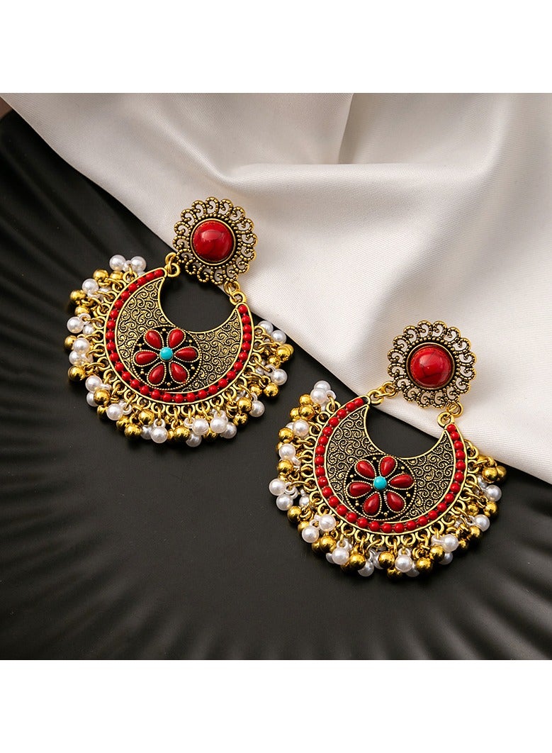2 Pairs Vintage ethnic bohemian flower earrings Studs with Beads Tassel Dangle Earrings Floral Hollow Bohemian Statement Ethnic Style Earrings for Women Girls(Red and Green)  - Image 4