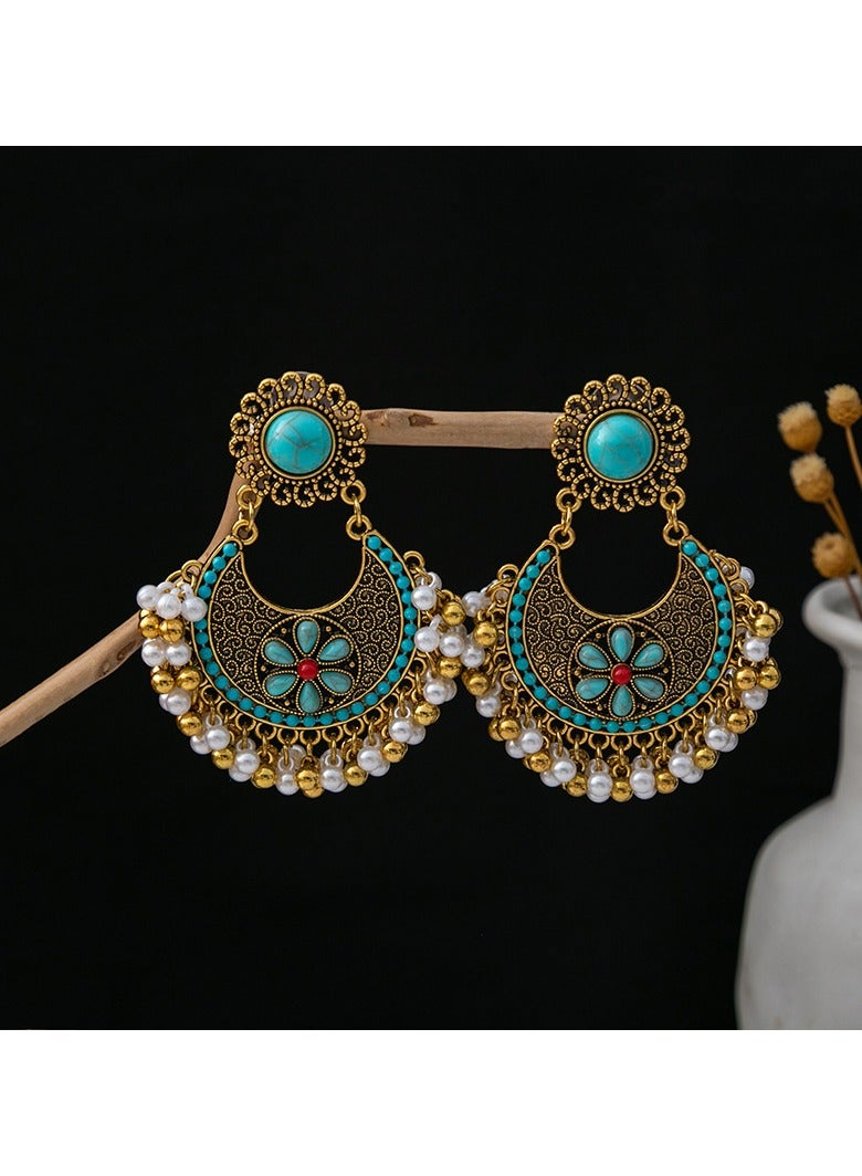2 Pairs Vintage ethnic bohemian flower earrings Studs with Beads Tassel Dangle Earrings Floral Hollow Bohemian Statement Ethnic Style Earrings for Women Girls(Red and Green)  - Image 5