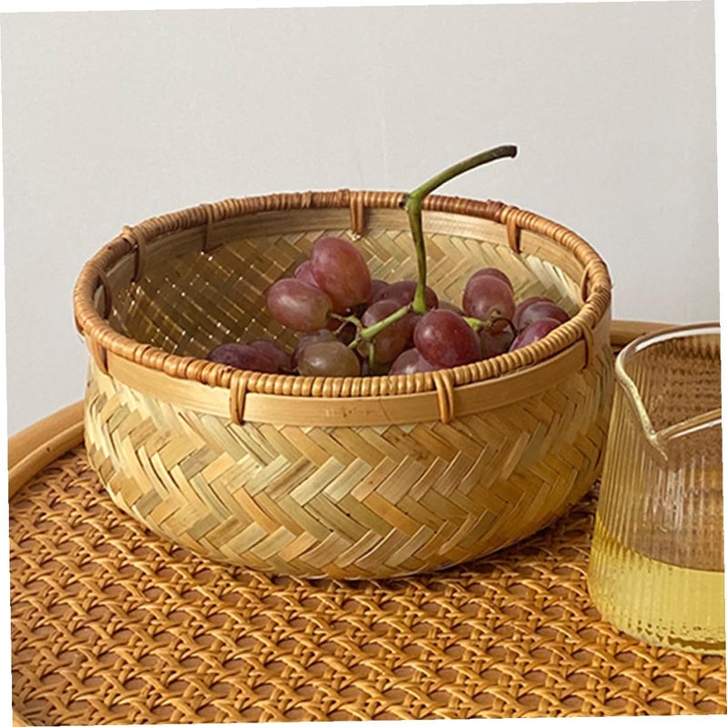 Small Round Woven Bread Serving Basket With Rattan Edge Tray For Kitchen Counter - Image 5