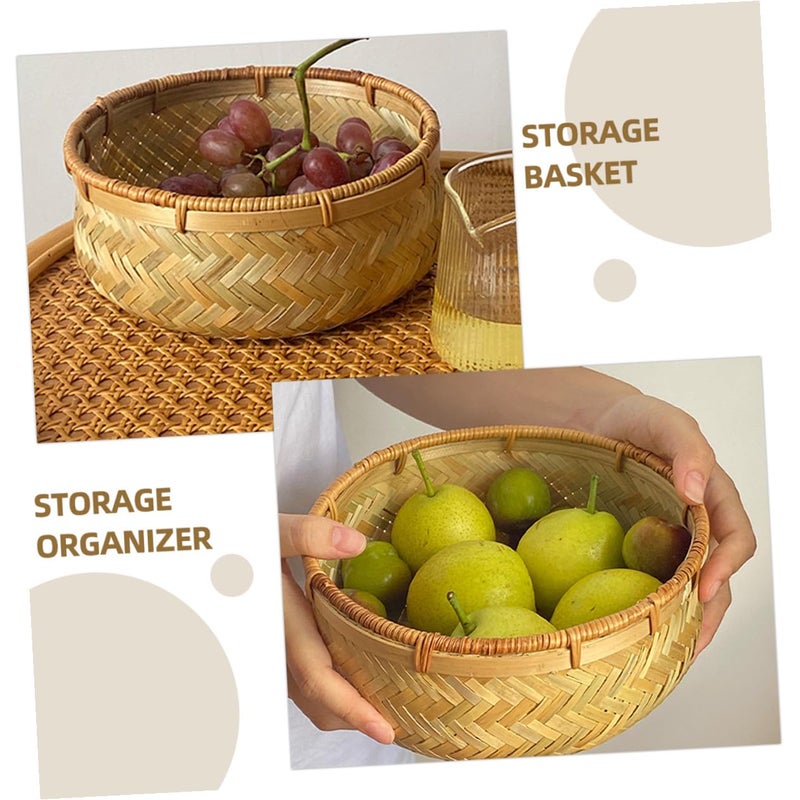 Small Round Woven Bread Serving Basket With Rattan Edge Tray For Kitchen Counter - Image 4