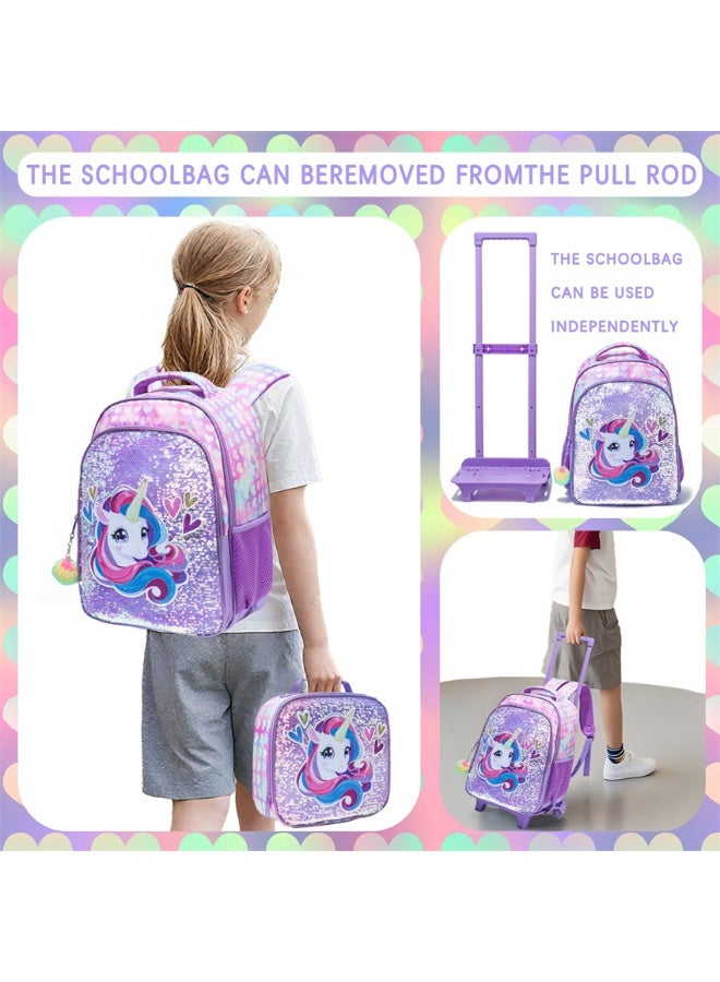 Kids Rolling Backpack, 3 in 1 Trolley Luggage School Bag with Pencil Case and Lunch Bag, Fashion Students Wheeled Bookbag Travel Rucksack for Girls and Boys (LBS, Unicorn Pink) - Image 2