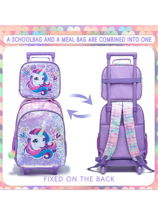 Kids Rolling Backpack, 3 in 1 Trolley Luggage School Bag with Pencil Case and Lunch Bag, Fashion Students Wheeled Bookbag Travel Rucksack for Girls and Boys (LBS, Unicorn Pink) - Image 3