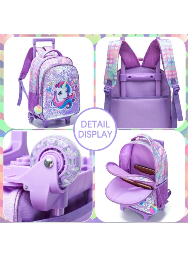 Kids Rolling Backpack, 3 in 1 Trolley Luggage School Bag with Pencil Case and Lunch Bag, Fashion Students Wheeled Bookbag Travel Rucksack for Girls and Boys (LBS, Unicorn Pink) - Image 4