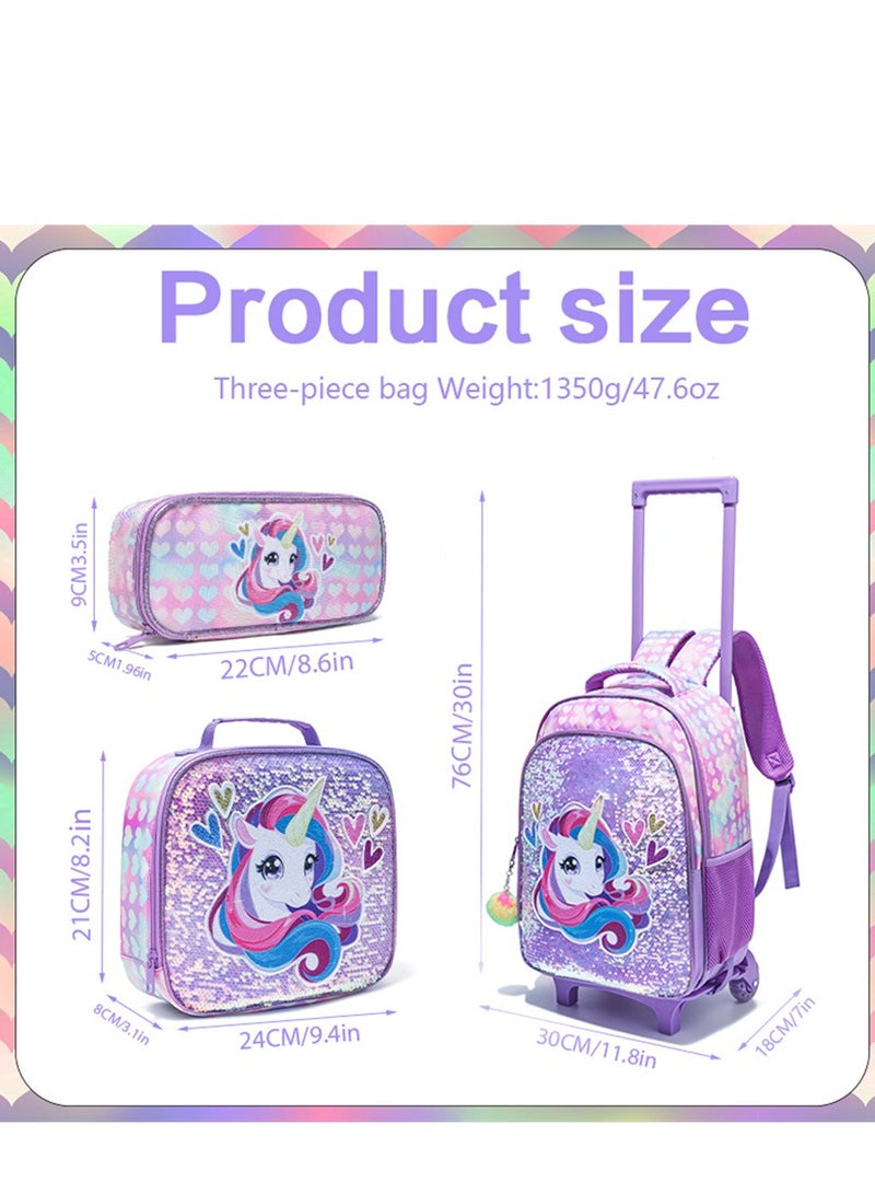 Kids Rolling Backpack, 3 in 1 Trolley Luggage School Bag with Pencil Case and Lunch Bag, Fashion Students Wheeled Bookbag Travel Rucksack for Girls and Boys (LBS, Unicorn Pink) - Image 5