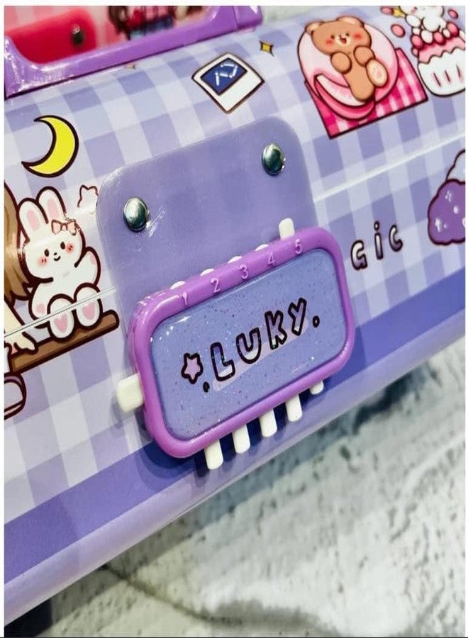 FEBLICH Multilayer Space Theme Password Lock Pencil Box For Kids, Cartoon Print Pen Case For Girls & Boys, Kids Pen & Pencil Box Suitcase Style Password Lock Pencil Case, School Stationery Organizer (Purple) - Image 3