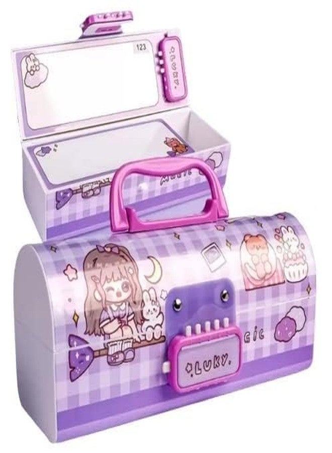 FEBLICH Multilayer Space Theme Password Lock Pencil Box For Kids, Cartoon Print Pen Case For Girls & Boys, Kids Pen & Pencil Box Suitcase Style Password Lock Pencil Case, School Stationery Organizer (Purple) - Image 1