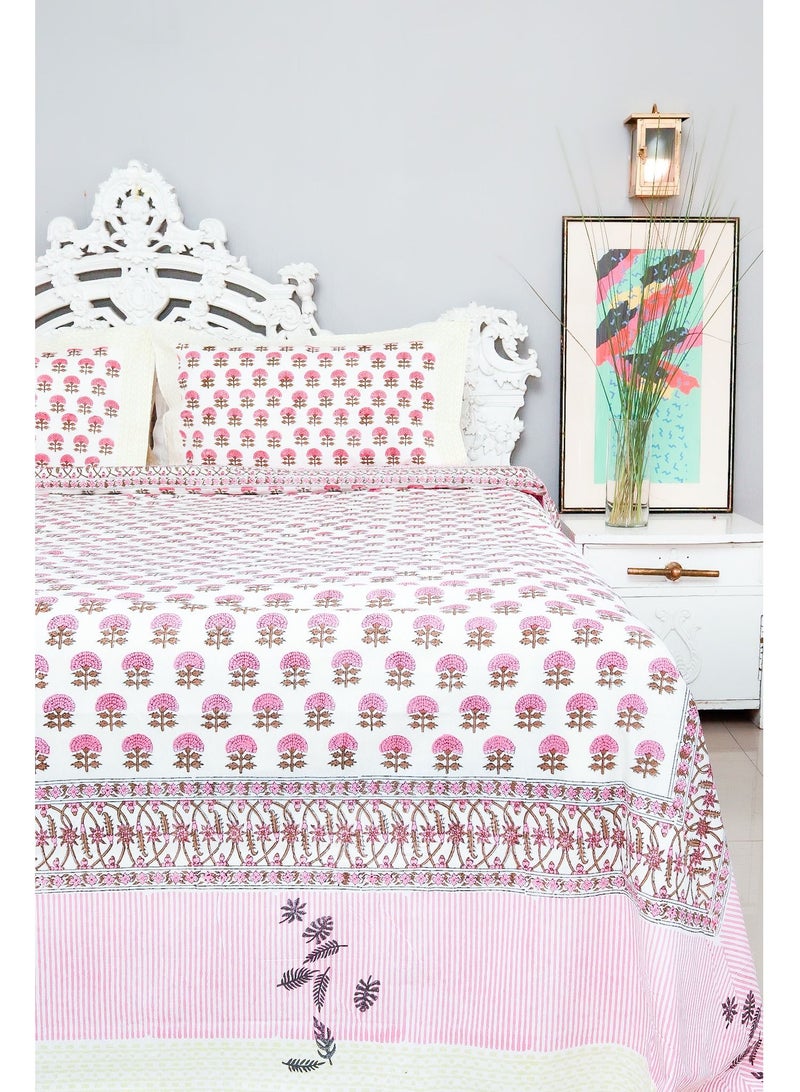 OJARIYA King Size Pink Premium Organic 100 Percent Cotton Hand Block Printed With Organic Dye Bed Sheet with 250 TC  - Image 2