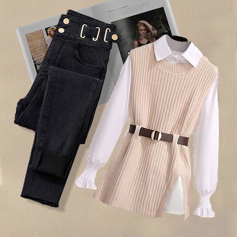 Z Plus Size Women'S Suit Women'S Knitted Vest Shirt Women'S Belly Covering Slim Jeans Three Pieces - Image 3