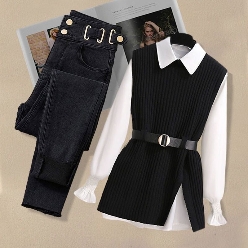Z Plus Size Women'S Suit Women'S Knitted Vest Shirt Women'S Belly Covering Slim Jeans Three Pieces - Image 2