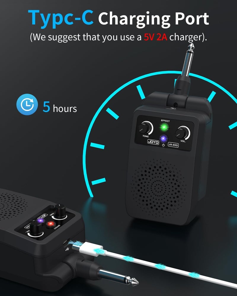 JOYO Mini Guitar Amp 5W Portable Small Electric Guitar Practice Amp Bluetooth Rechargeable Guitar Amplifier Built-in 4 Effects Clean Distortion Overdrive Reverb, Black (JA-05G) - Image 5