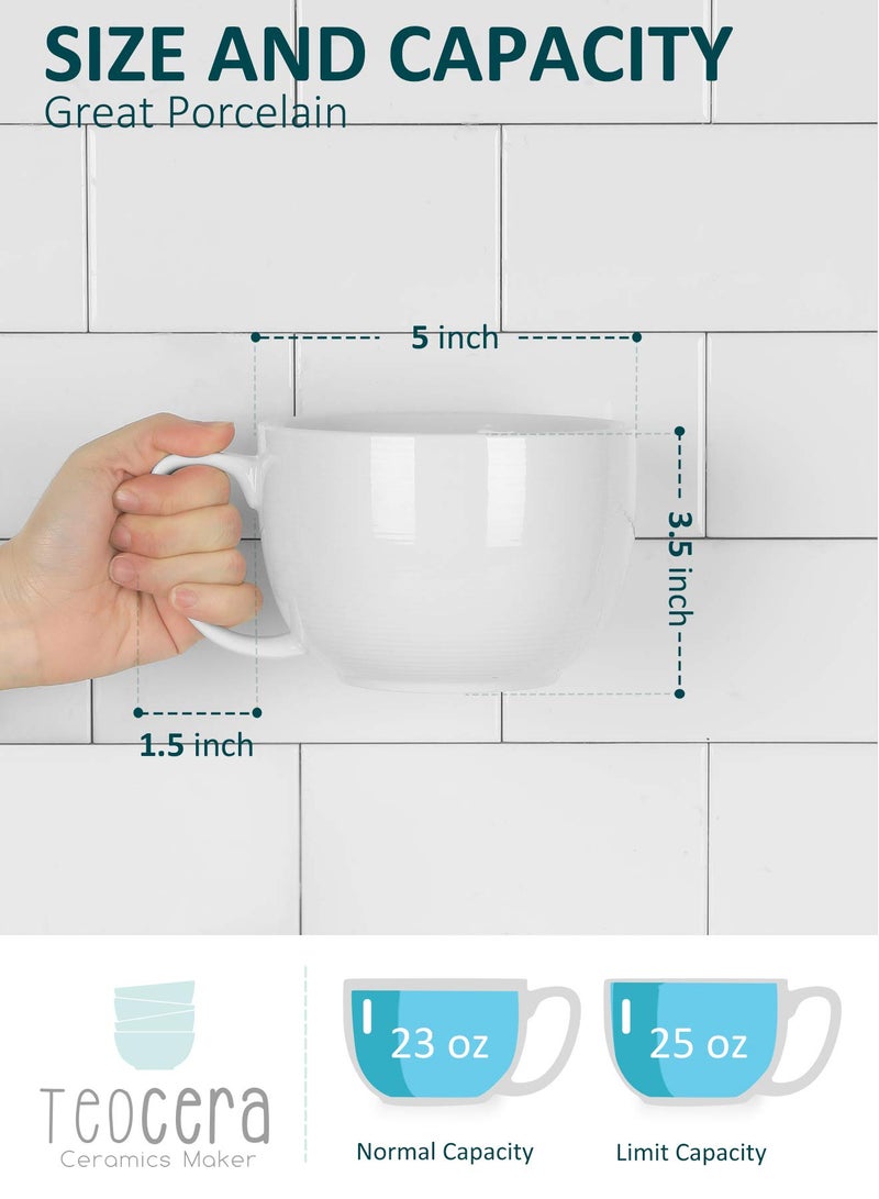 Teocera Soup Mugs with Handles, White Coffee Mugs Set of 4, Large Soup Cups - Striped Design - 24 Ounce Porcelain Jumbo Mugs Bowls for Coffee, Oatmeal, Hot Cocoa, Cereal - Image 2