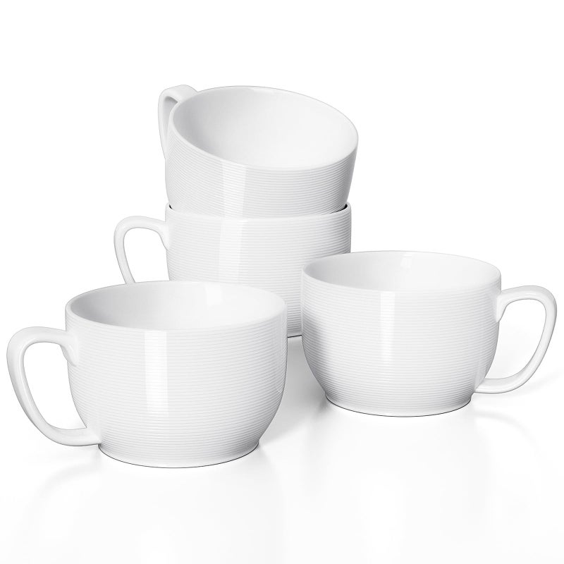 Teocera Soup Mugs with Handles, White Coffee Mugs Set of 4, Large Soup Cups - Striped Design - 24 Ounce Porcelain Jumbo Mugs Bowls for Coffee, Oatmeal, Hot Cocoa, Cereal - Image 1